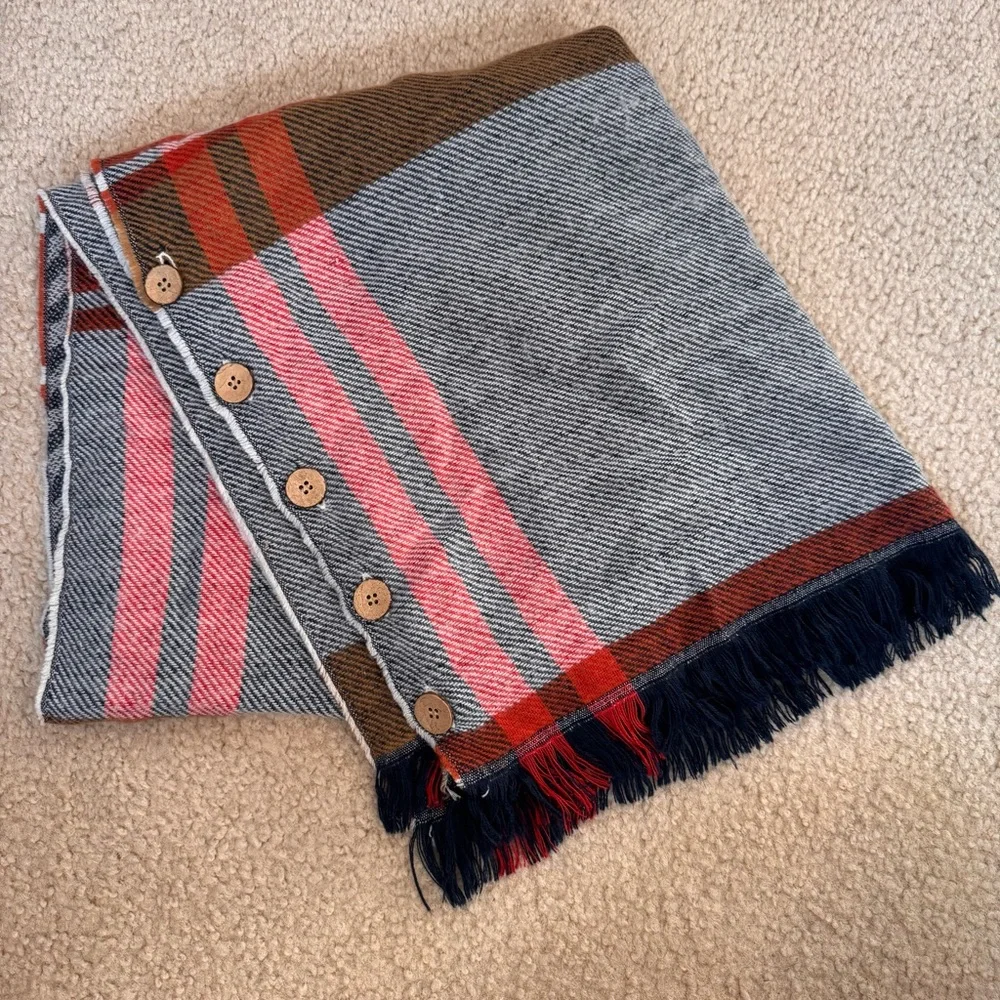 Rustic Plaid Fringe Scarf Shall Wood Buttons Yellowstone Ranch Pancho One‎ Size